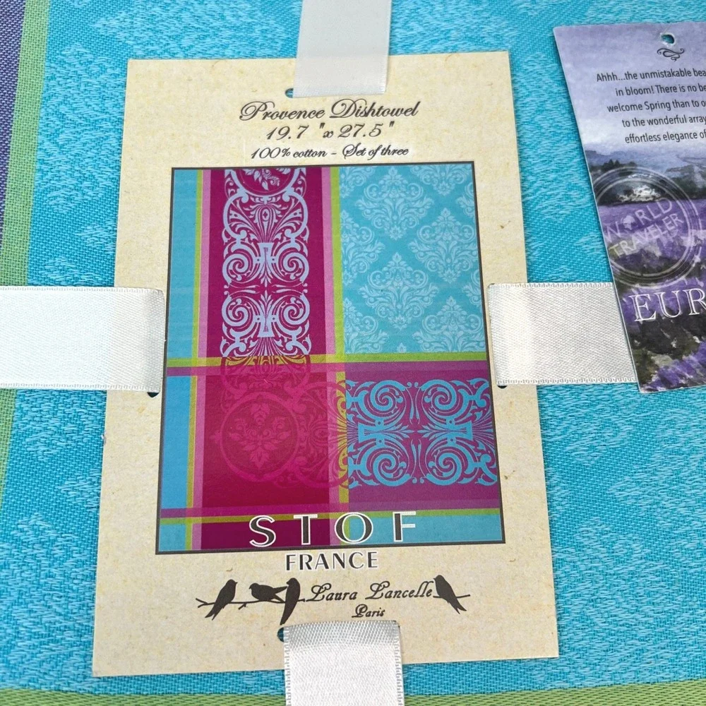 STOF France Provence Dish Towel‎ Set of 6 Cotton Blue Pink Floral Laura Lancelle